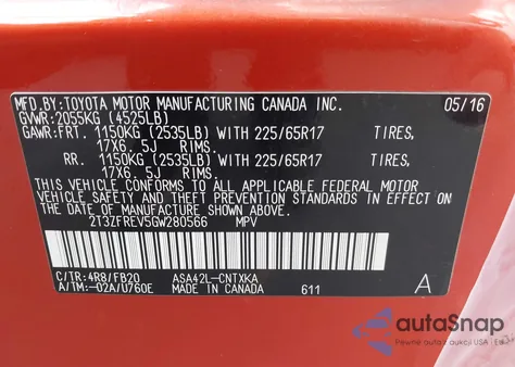 2016 Toyota Rav4 Le z USA, uszkodzony, nr VIN 2T3ZFREV5GW280566